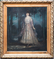 Dudits Andor (1866-1944) „Elegáns női alak az erdőben.” festménye.