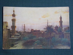 Képeslap,Egyiptom,C. Wuttke Kairo am Morger,Kairó reggel,mecset látkép,részlet,1910-
