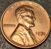 Amerikai Egyesült Államok 1 cent,  ﻿Kalászos penny, Lincoln 1951.