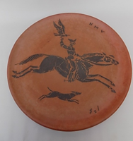 Iván Szabó, large, ancient, Hungarian mounted falconer, terra sigillata ceramic bowl 37 cm 1950-.