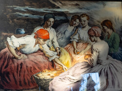 Révész Imre: Kukorica fosztás / színezett rézkarc