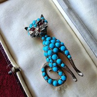 Rare Victorian era Antique silver on 9-12k rose gold Paved turquoise kitten brooch