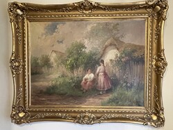 ÁCS ÁGOSTON - Fiatalok a ház előtt..75x100+kerete..