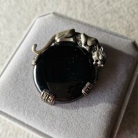1920 - 30s Art Deco era, 925 silver onyx leopard pendant brooch dual-purpose