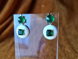 Hollywood style white enamel and green carbonchon earstud
