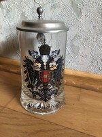 Alt Österreich feliratú, címeres - jelzett OLASZ üveg korsó, ÓN fedéllel 17.