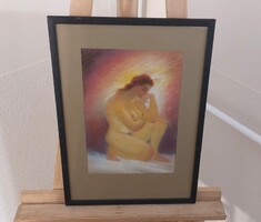 (K) Female nude pastel painting 32x44 cm with frame