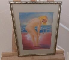 (K) Female nude pastel painting 30x42 cm with frame