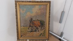(K) Régi lovasszekeres életkép Abonyi szignóval 51x60 cm kerettel zsákvászonra