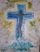 Krisztus a kereszten- Olaj, farostlemez , 45 x 35 cm, keret nélkül, Lehoczky József 1991