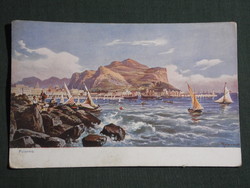 Képeslap,Olaszország,Szicília,Palermo,művészet,kikötő,tengerpart részlet, 1920-