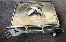 ART DECO DEKO EZÜSTÖZÖTT ÜVEG BETÉTES SZARDELLA HAL KÍNÁLÓ SZERVÍROZÓ TÁLALÓ ESZKÖZ
