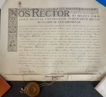 1939 - Elizabeth University of Pécs diploma signed by Konrád Albrich, Géza Birkás and Sándor Gorka