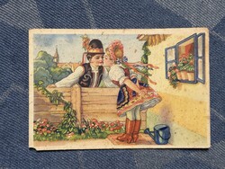 Régi grafikus népviseleti ruhás üdvözlő képeslap - ( Tury József - postatiszta )