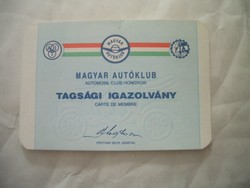 Magyar Autóklub tagsági igazolvány 1991