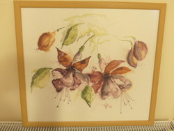Keresztszemes kép fukszia virágokkal 47x52 cm,ajándéknak is kiváló, minőségi munka