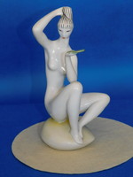 Art deco Zsolnay női akt - fésülködő nő tükörrel - porcelán nipp, figura