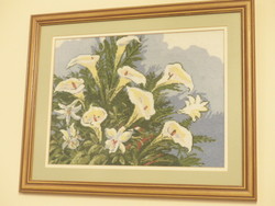 Keresztszemes kép kála virágokkal 37x46 cm,ajándéknak is kiváló, minőségi munka