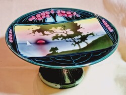 Körmöcbányai tortatartó asztalközép talpas kínáló Ø24,5x11,5cm régi majolika Japán minta