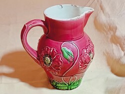 Körmöcbányai kancsó kiöntő 20cm régi majolika domborműves pipacs minta