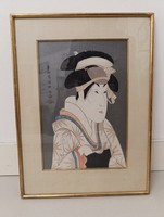 Antik Japán fametszet gésa portré motívum keretben 429 9857