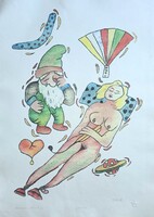 Ef Zámbó István nagyméretű print: Bumeráng legyezővel (akt és síró törpe)