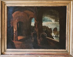 1 ft-ról! XIX. századi olajfestmény! Jelzett, de ismeretlen festő! Kolostor belső! Vienna 186x?