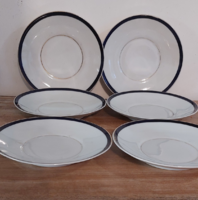 Antik jelzetlen porcelán arany - kobalt kék csíkos teás- kávés csésze alátét , alj , tányér 6 db