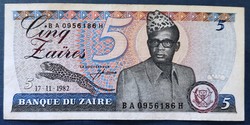 Zaire 5 Zaires 1982, VF.