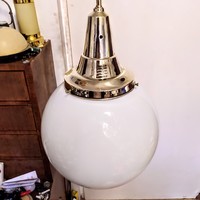 Bauhaus - Art deco réz mennyezeti lámpa felújítva - nagy méretű tejüveg gömb búra
