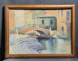 Pataky jelzéssel: Velencei látkép gondolával (akvarell) utcakép, Olaszország