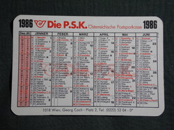 Kártyanaptár,névnapos,Ausztria,Die P.S.K. Österreichische Postsparkasse,takarékpénztár,1986,   (7)