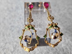 Art nouveau 9k gold enemal bird swing earing, 2 ruby and diamond mounted