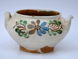 Régi kétfülű cserépedény, komaszilke vagy levesestál, népi kerámia