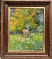 Beautiful József Csiszár Deer Portrait Oil Painting