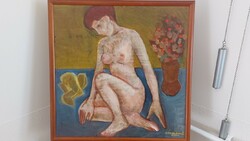 Zoltán Stadler Female Nude Painting, 64x64 cm with Frame