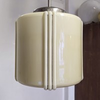 Art deco - Streamline nikkelezett mennyezeti lámpa felújítva - bordázott krémszínű henger búra