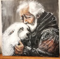 "A KUTYÁK BESZÉLNEK". festmény feszített vásznon 50 x50 cm