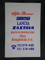 Kártyanaptár,Alfa Romeo,Fiat,Lancia,Zasztava szerviz alkatrész üzlet,Pécs 1994,   (7)