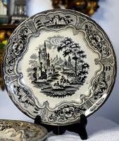 AJÁNLATÁT VÁROM! Viktoriánus angol fajansz tányér, W&C, Chelsea pottery? fekete Syria dekor, 1850