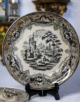 AJÁNLATÁT VÁROM! Viktoriánus angol fajansz tányér, W&C,Chelsea pottery? fekete Syria dekorral, 1850