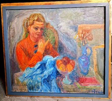 Gráber Margit:Ruhát varró lány csendélettel 90x80