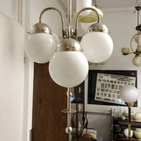 Art deco - Streamline - Bauhaus 4 karos nikkelezett csillár felújítva - tejüveg gömb búra