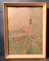 Roofs and church tower with 