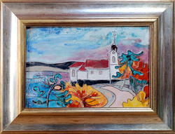 Fehér Margit: Tóparti templom - tűzzománc - keretezve 32x42cm - alkotás 20x30cm - FM24/916B