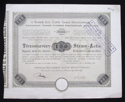 Torontáli Helyi Érdekű Vasutak (HÉV) törzsrészvény 100 forint 1887 - Nagybecskerek (SRB)