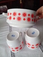 Alföldi piros napocskás  porcelán leveses tál tető nélkül és 2 db bögre