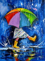 Playing girl in the rain - acrylic painting / Esőben játszó kislány - akril festmény