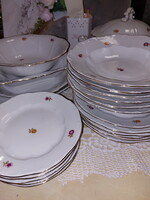 Zsolnay ritka szalmavirágos porcelán étkészlet, barokkos, arany széllel, 22db