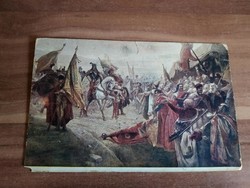 Régi művész képeslap, II. Rákóczi Ferenc fogadtatása Ónodon, postatiszta